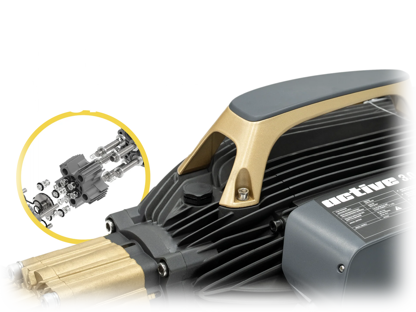 Active 3.0 pressure washer exploded view showing 5-piston pump components