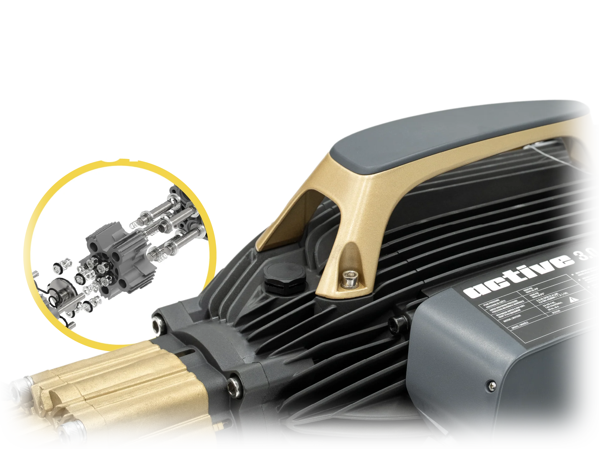 Active 3.0 pressure washer exploded view showing 5-piston pump components