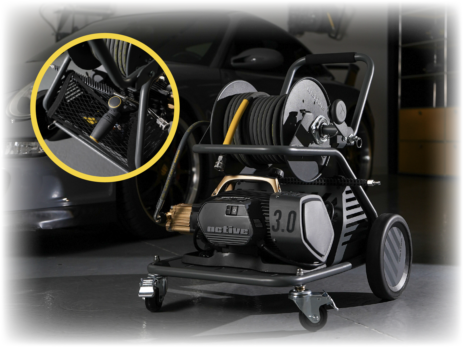 Active Wash Cart mesh accessory bin holding a pressure washer gun and hose fittings