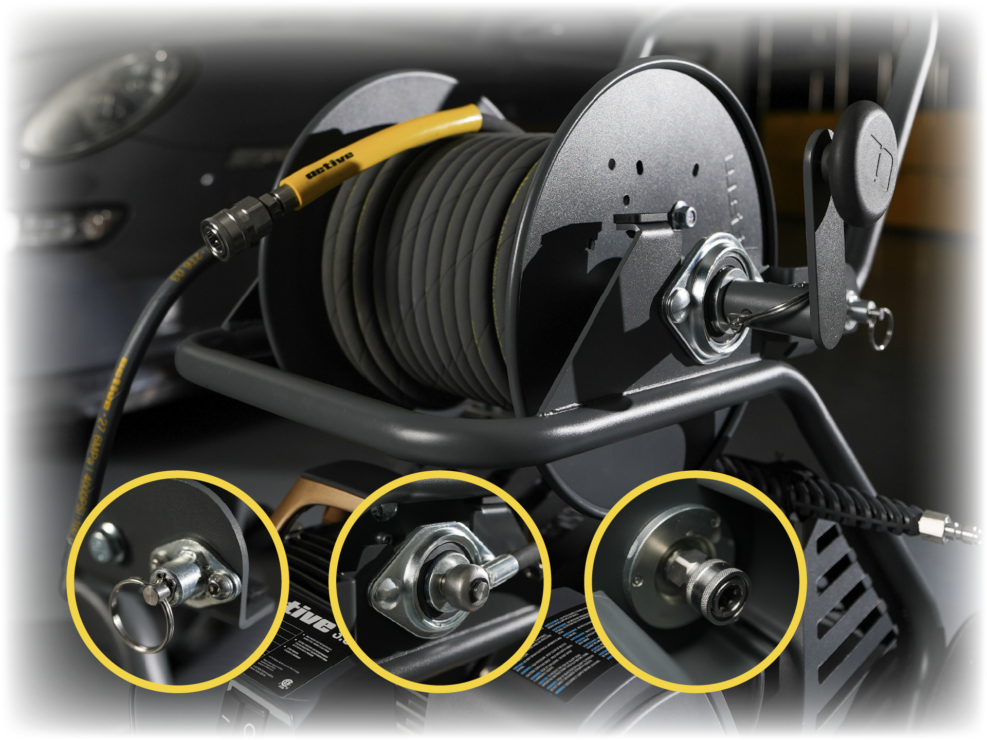Close-up of the Active Wash Cart hose reel with stainless steel valve and quick-release lock pin