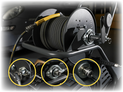 Close-up of the Active Wash Cart hose reel with stainless steel valve and quick-release lock pin