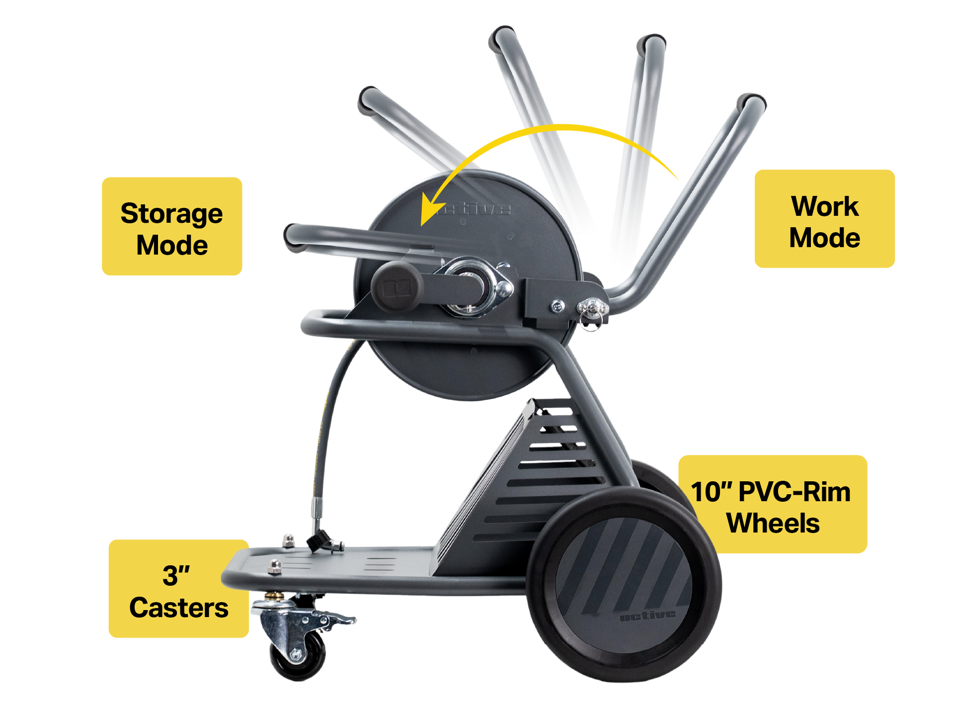 Active Wash Cart folding handle between Work Mode and Storage Mode with 10-inch wheels and 3-inch locking casters