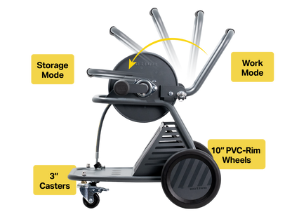 Active Wash Cart folding handle between Work Mode and Storage Mode with 10-inch wheels and 3-inch locking casters