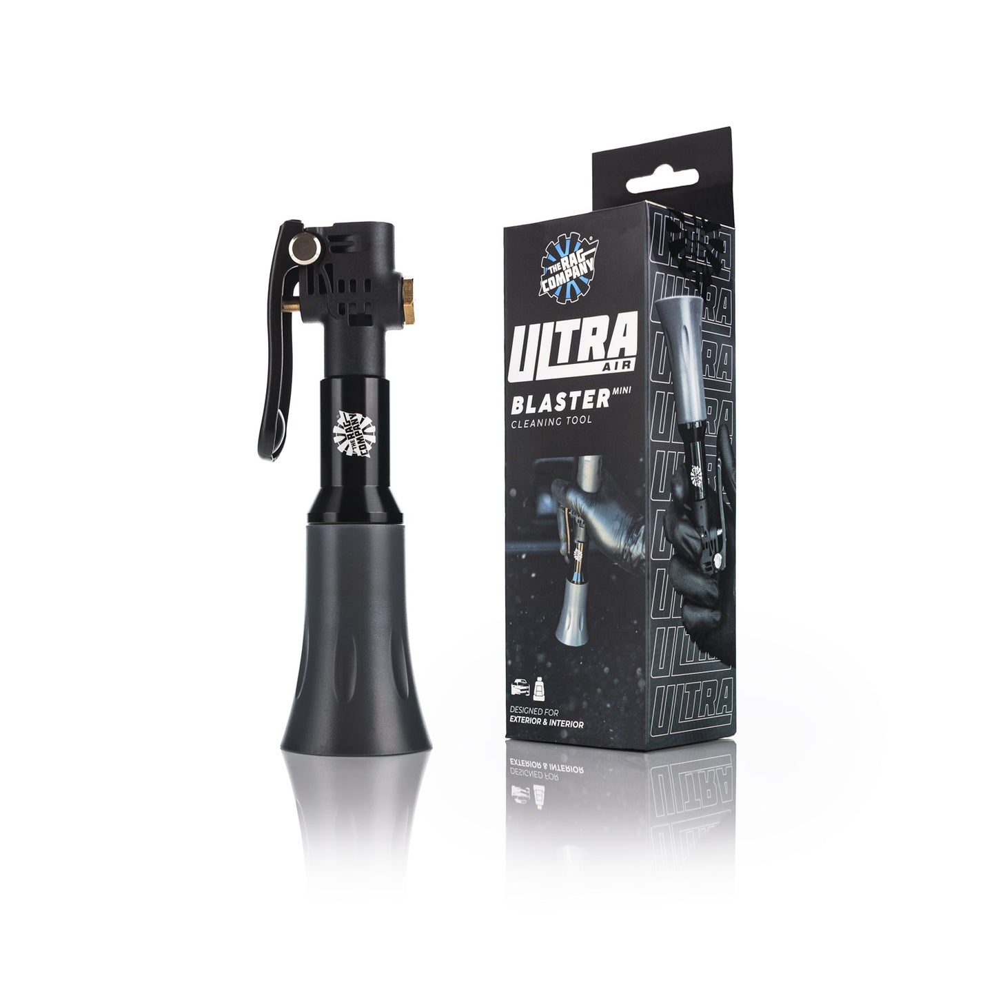 Side view of the Ultra Air Blaster Mini showing the trigger, trumpet nozzle, and all-metal construction